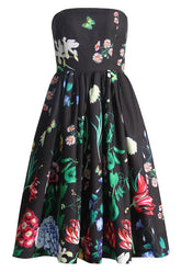 Robe mi-longue évasée sans bretelles à imprimé floral vintage - Noir
